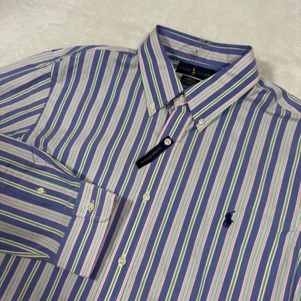 Ralph Lauren Mens XL Slim Fit Performance Button Down Long Sleeve Striped Shirt